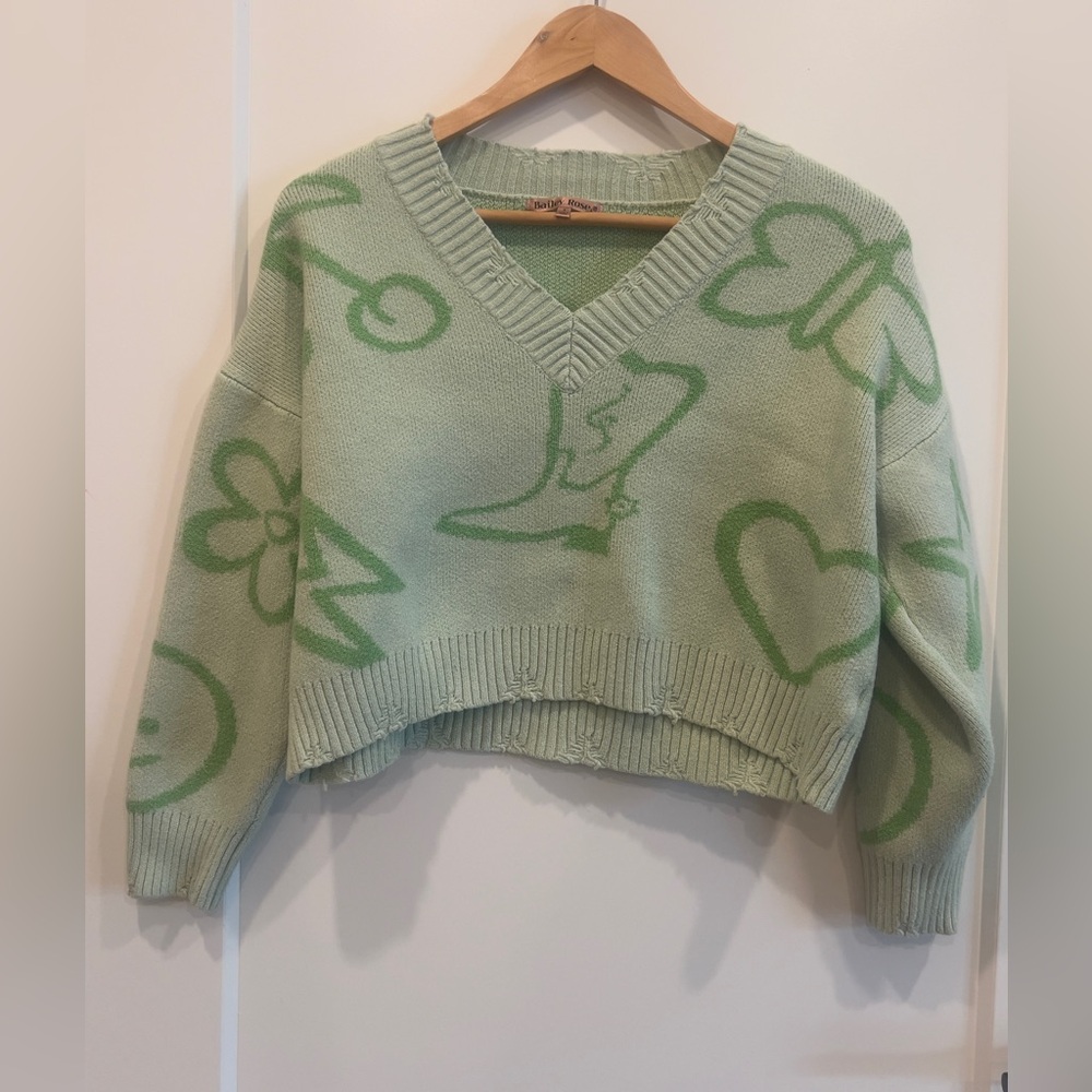 Bailey Rose- Mint Graphic V-Neck Sweater Sz S - Picture 3 of 4
